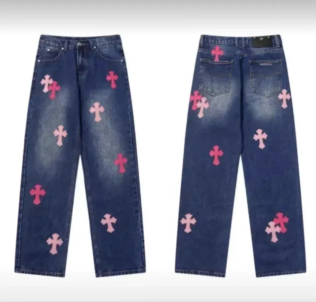 Chrome Hearts Cross Patch Jeans Pink Cross Appliqué