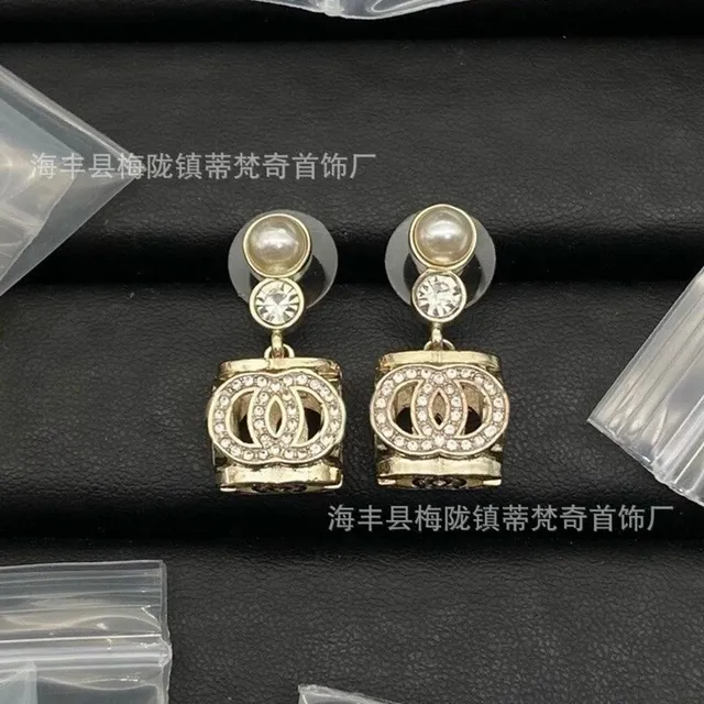 Chanel CC Logo Drop Earrings Pearl and Crystal