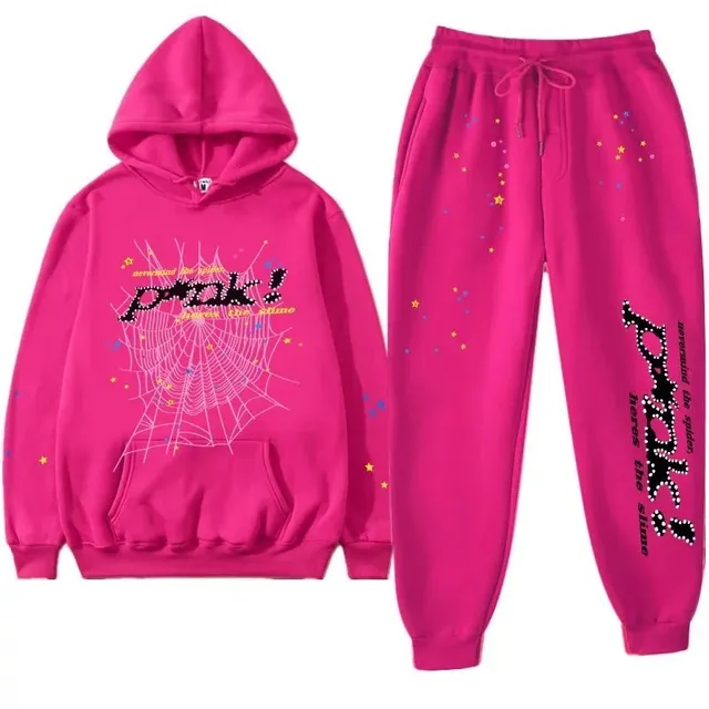 Sp5der Spider Web Hoodie and Joggers Set Neon Pink with Star Print