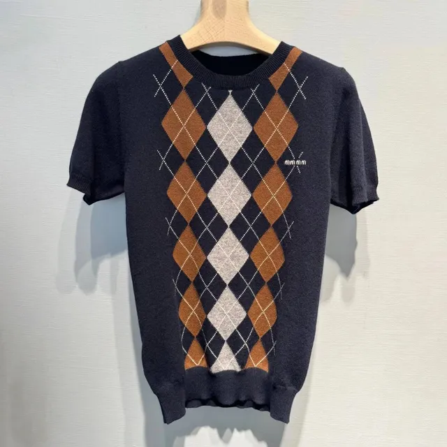 Miu Miu Argyle Knit Sweater Classic Diamond Pattern