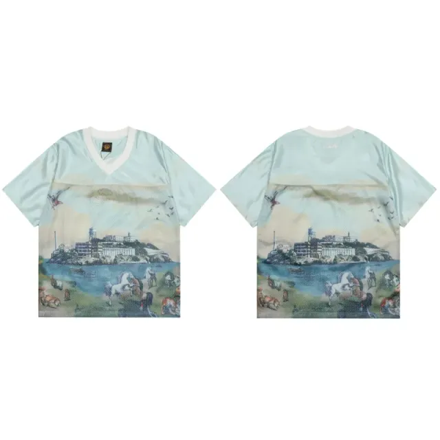 Corteiz V-Neck Mesh Tee Island Print