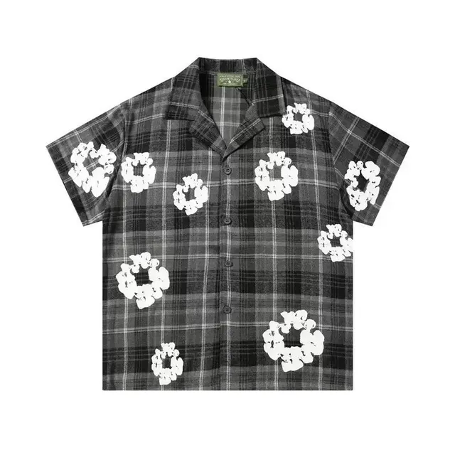 Denim Tears Short-Sleeve Button-Up Shirt Plaid with Floral Appliqué