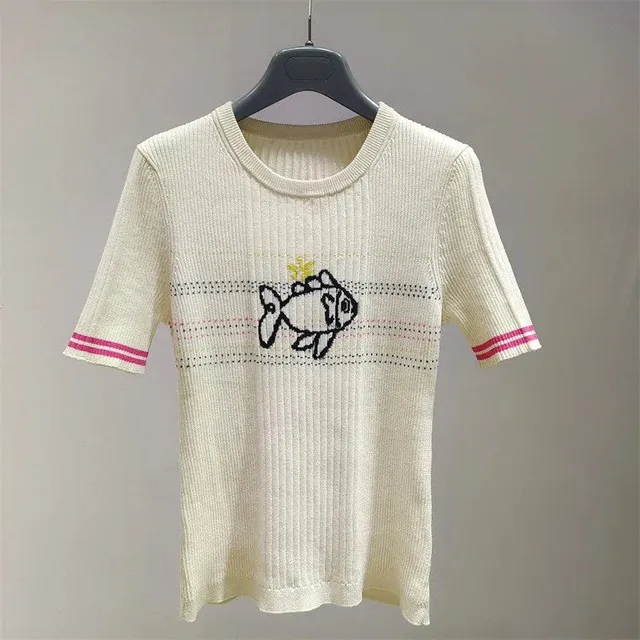 Ribbed Knit Top Fish Embroidery