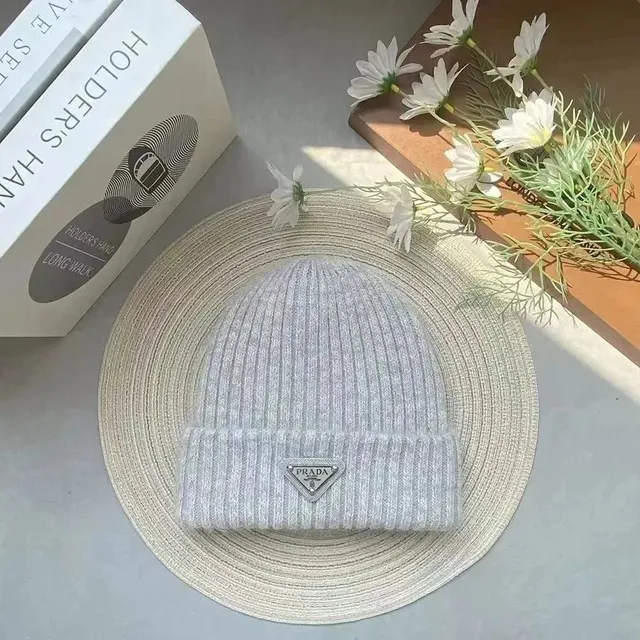 Prada Ribbed Beanie Metallic Triangle Logo