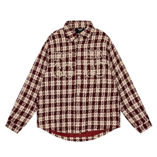 Chanel Tweed Shirt Burgundy and Beige Check with Pearl Embellishment