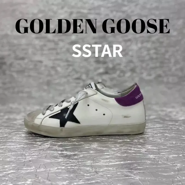 Golden Goose Superstar Distressed White with Black Star and Purple Heel