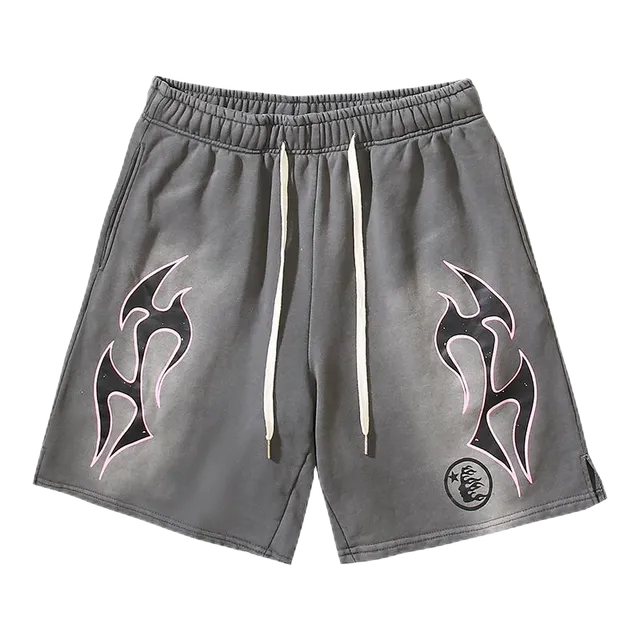 Hellstar Flame Graphic Shorts Ombre Grey with Pink Outline Flame Print