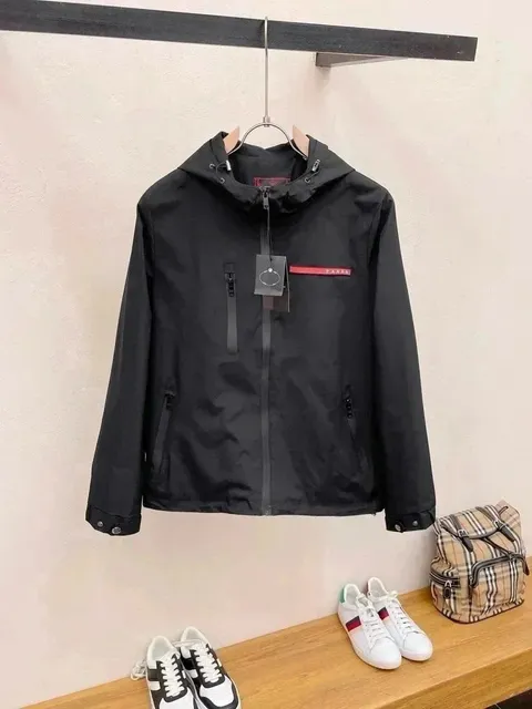 Prada Hooded Windbreaker Jacket Red Logo Tape