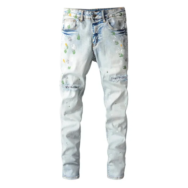 Paint-Splatter Jeans Distressed Light Wash
