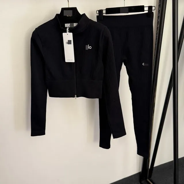Alo Yoga Ribbed Cropped Jacket and Legging Set Black