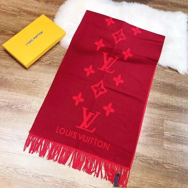 Louis Vuitton Monogram Scarf Red with LV and Flower Print