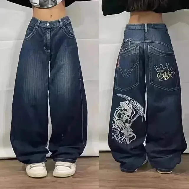 Baggy Jeans Embroidered Skull & Crown