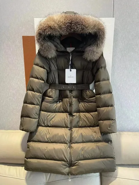 Moncler Long Puffer Coat Fur-Trimmed Hood with Belt