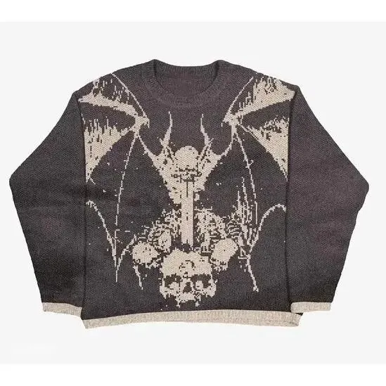 Knit Sweater Skull and Wings Graphic