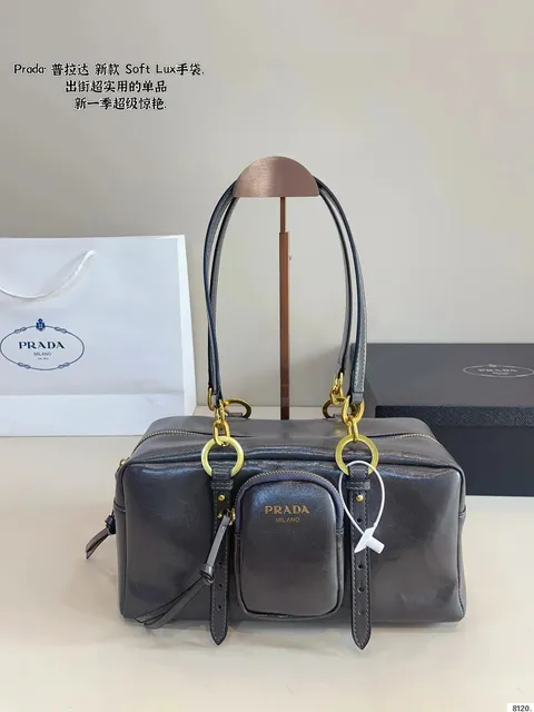 Prada Soft Lux Handbag Metallic Grey