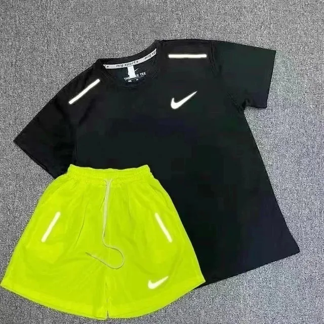Nike Tech Fleece Tee and Shorts Set Reflective Black and Volt