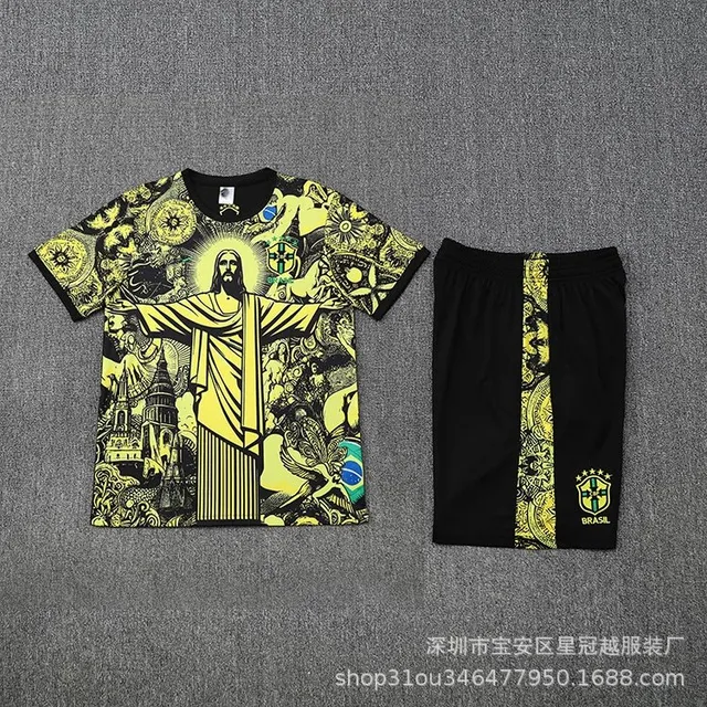 Brazil National Team Jersey and Shorts Set Religious Graphic Print