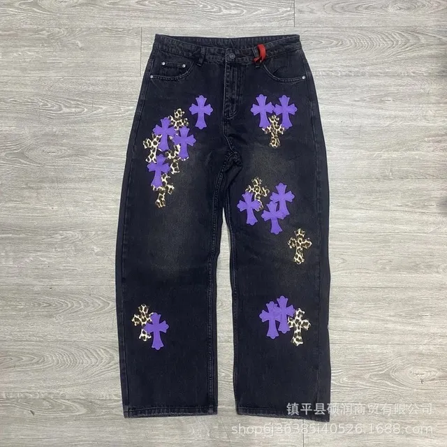 Chrome Hearts Cross Patch Jeans Leopard & Purple Cross Appliqué
