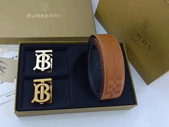Burberry TB Logo Belt Checkered Leather with Interchangeable Buckles