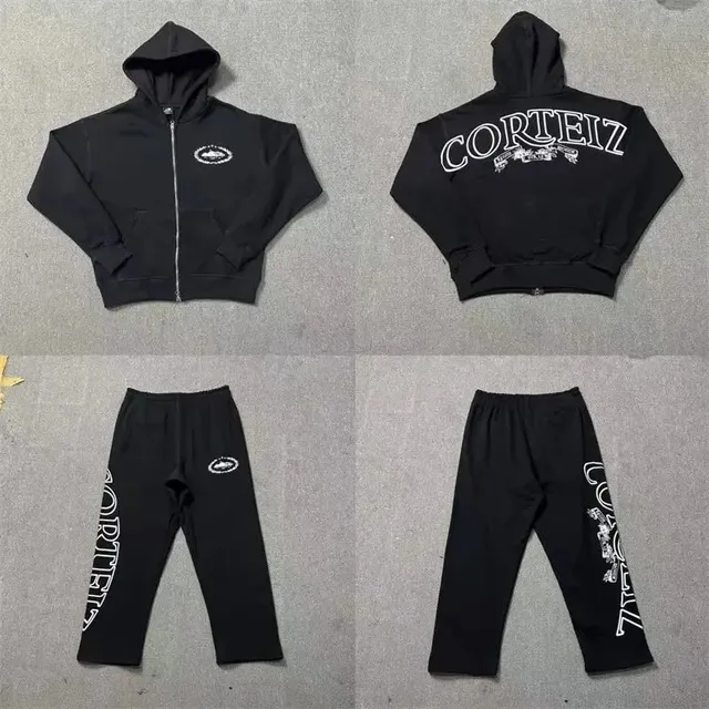 Corteiz Zip-Up Hoodie and Joggers Set CRTZ Logo Print