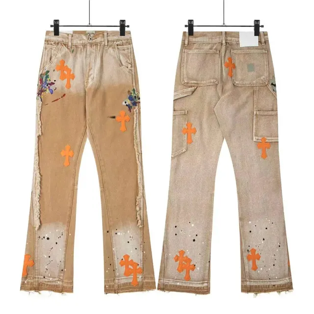 Chrome Hearts Cargo Jeans Paint Splatter Cross Appliqué