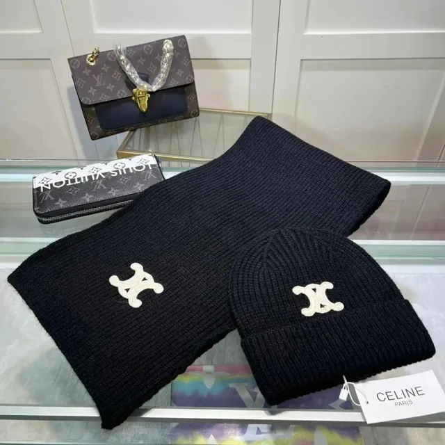 Celine Knit Beanie and Scarf Set CC Logo Embroidered
