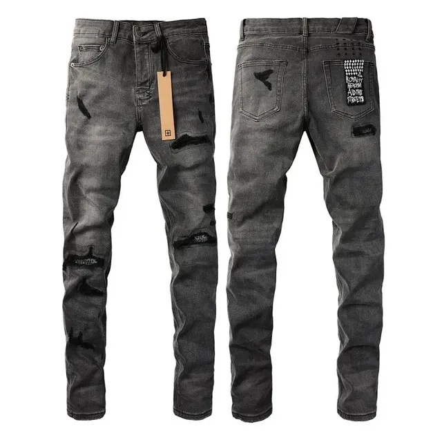 Distressed Slim Fit Jeans Black Wash with Patches