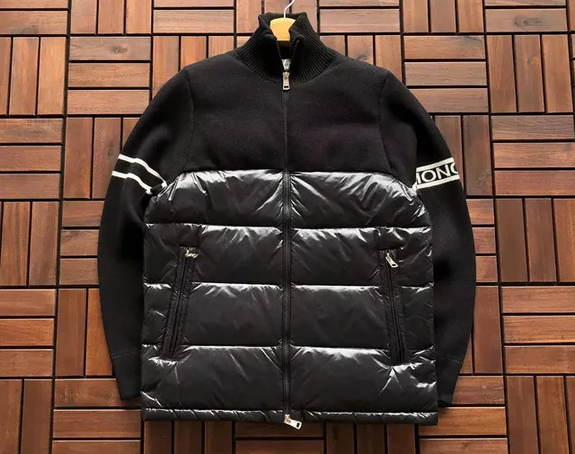 Moncler Knit-Puffer Hybrid Jacket Black with White Stripe Sleeves