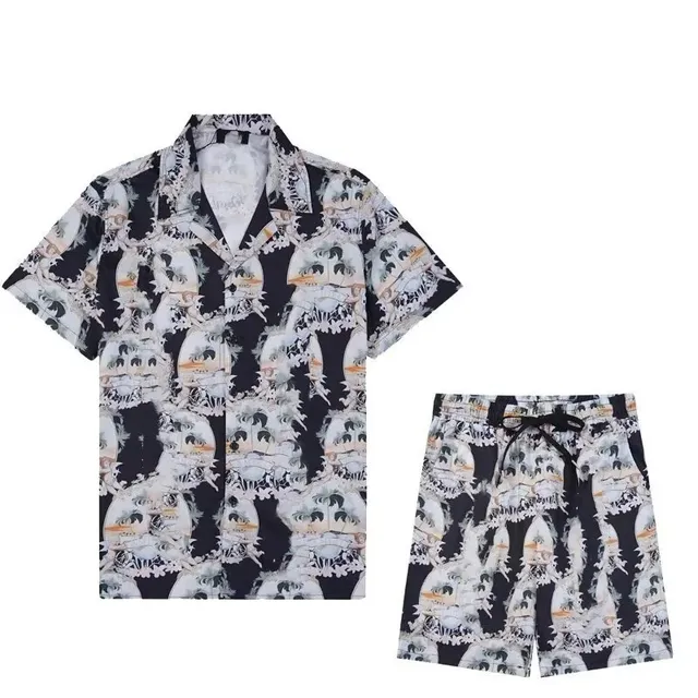 Balenciaga Printed Camp Collar Shirt and Shorts Set Skull and Palm Print