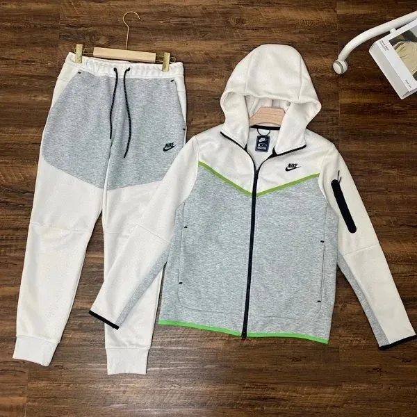 Nike Tech Fleece Hoodie and Joggers Heather Grey/White/Lime Green