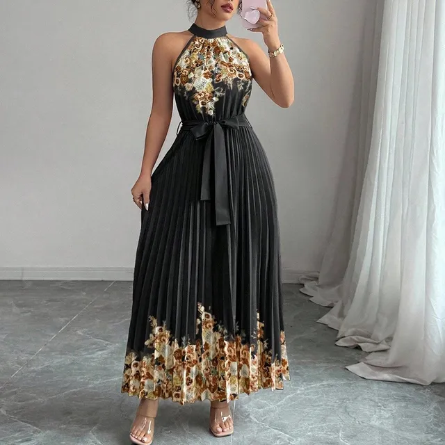 Halter Neck Pleated Maxi Dress Floral Print Black