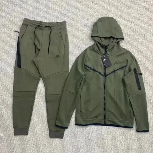 Nike Tech Fleece Hoodie and Joggers Olive Green with Black Accents