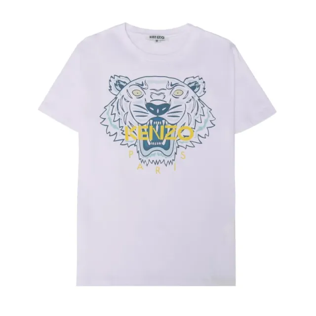 Kenzo Tiger Graphic Tee White with Blue and Yellow Tiger Print