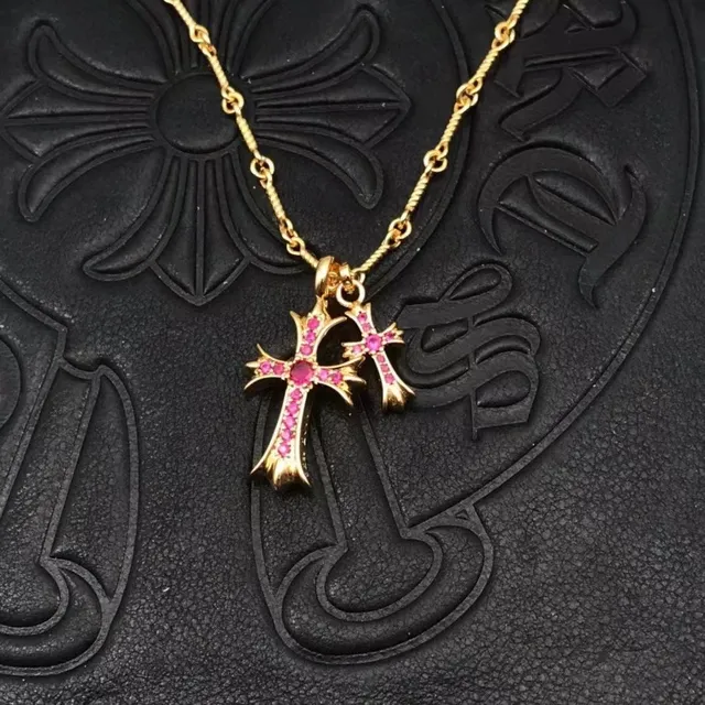 Chrome Hearts Cross Pendant Necklace Pink Ruby Pave