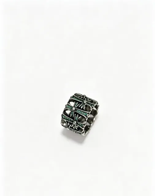 Chrome Hearts Wide Band Ring Cross Motif with Green Pave