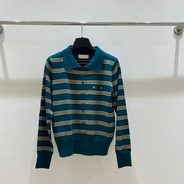 Miu Miu Striped Knit Cardigan Teal and Beige Stripe