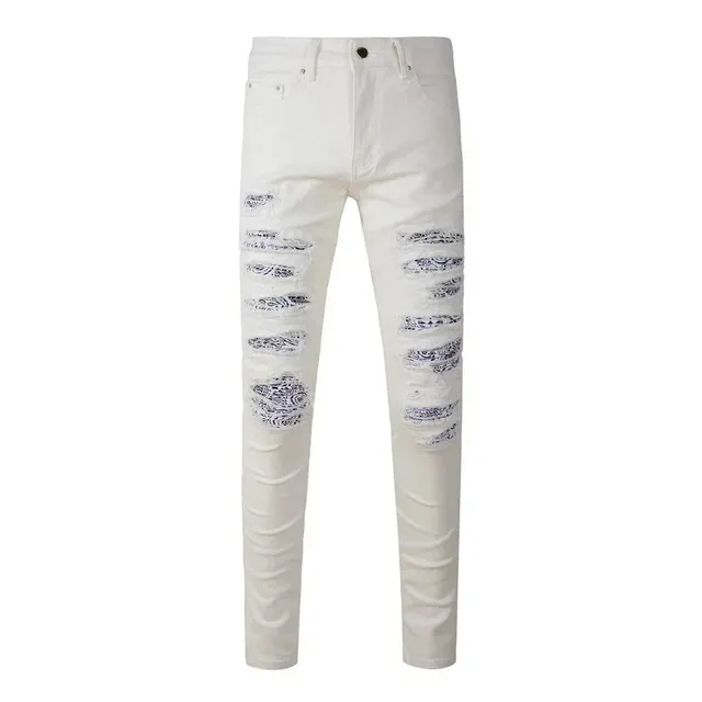 Distressed Slim Fit Jeans Bandana Print Rips