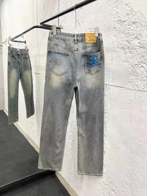 Balenciaga Straight-Leg Jeans Washed Grey with Logo Patch