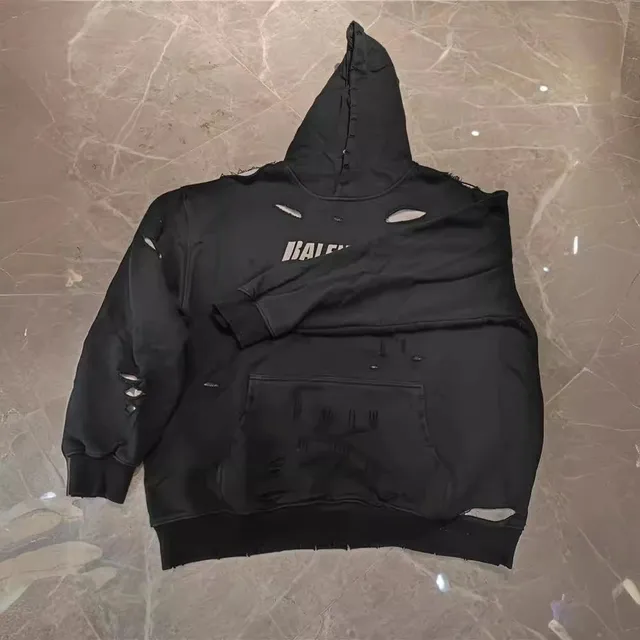 Balenciaga Distressed Hoodie Ripped Black