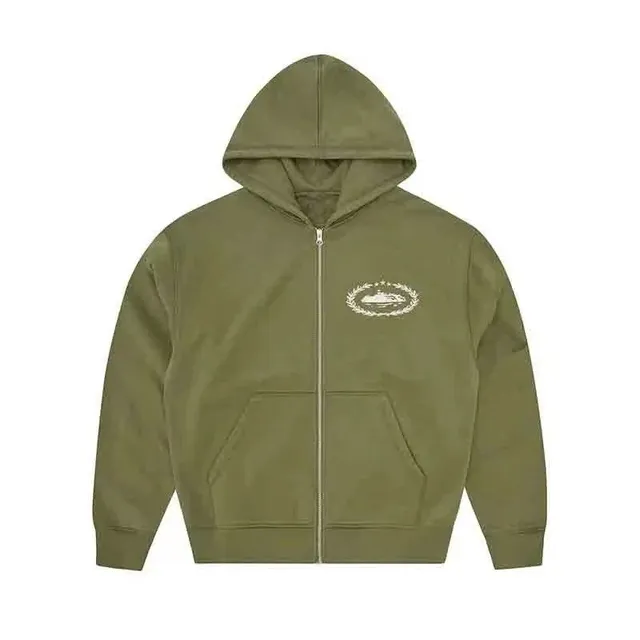 Corteiz Zip-Up Hoodie Olive with Wreath Logo