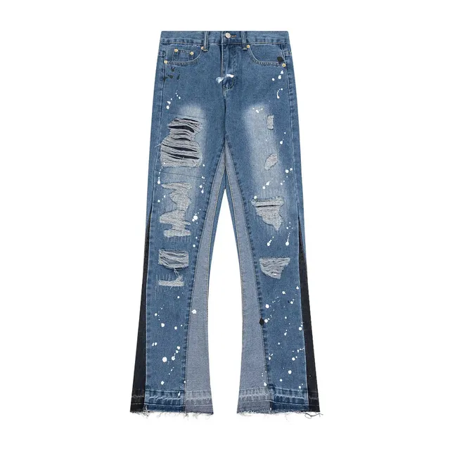 Distressed Flare Jeans Paint-Splatter & Panelled
