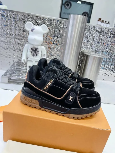 Louis Vuitton LV Trainer Black Suede with Beige Accents