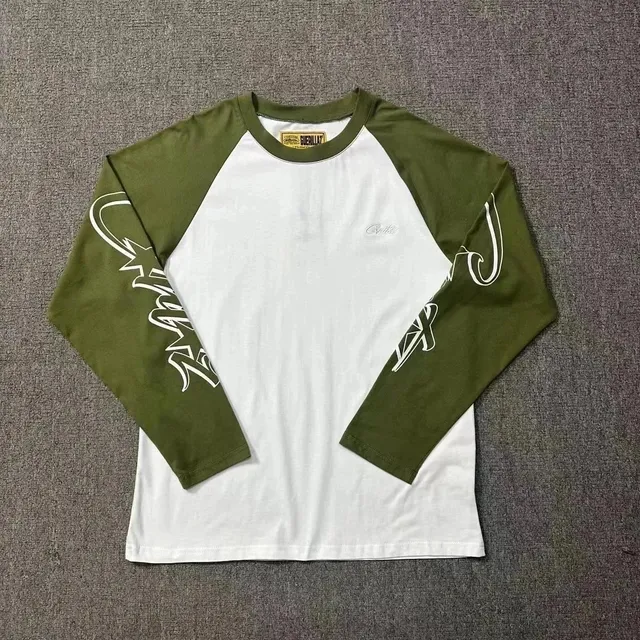 Corteiz Raglan Long Sleeve Tee Olive and White