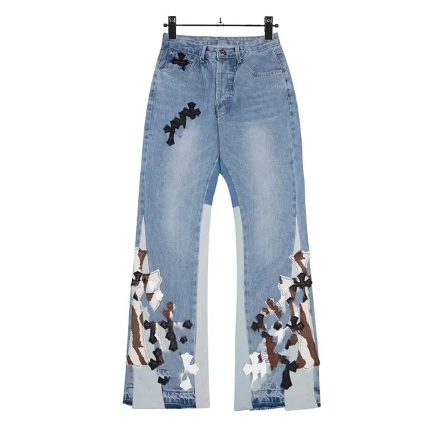 Chrome Hearts Distressed Patchwork Jeans Cross-Embroidered