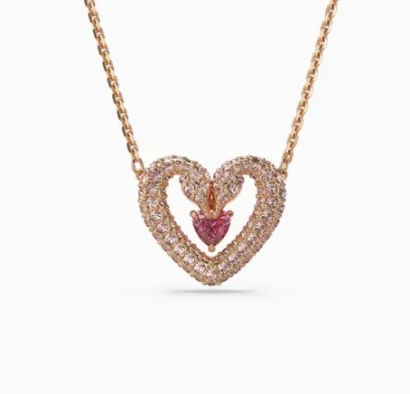 Swarovski Heart Pendant Necklace Crystal-Encrusted Heart with Pink Center