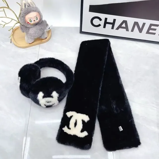 Chanel Faux Fur Scarf and Earmuffs Set CC Logo