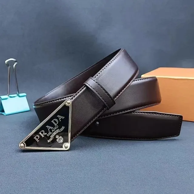 Prada Triangle Logo Belt Brown Leather with Enamel Triangle Buckle