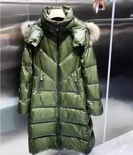 Moncler Long Puffer Coat Olive Green with Fur Trim