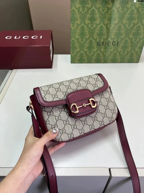 Gucci Horsebit 1955 Mini Bag GG Supreme Canvas with Burgundy Leather Trim