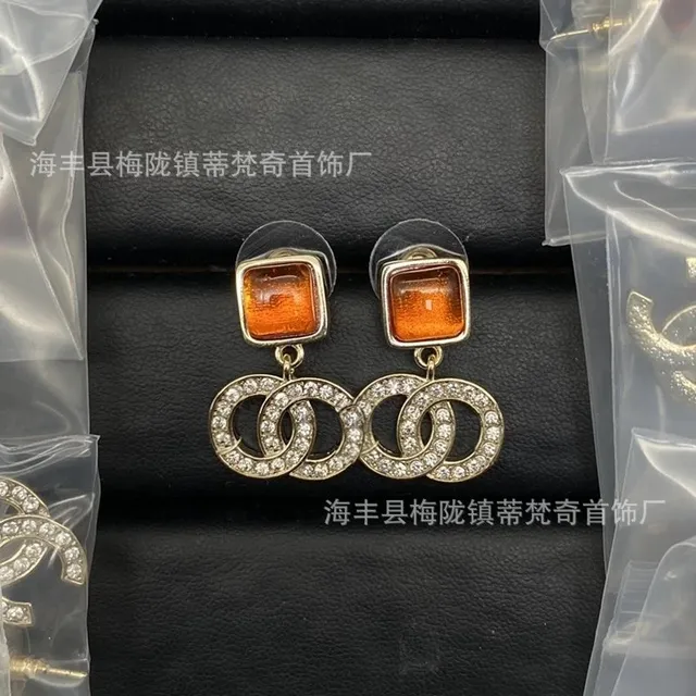 Chanel Double C Earrings Amber Resin and Crystal